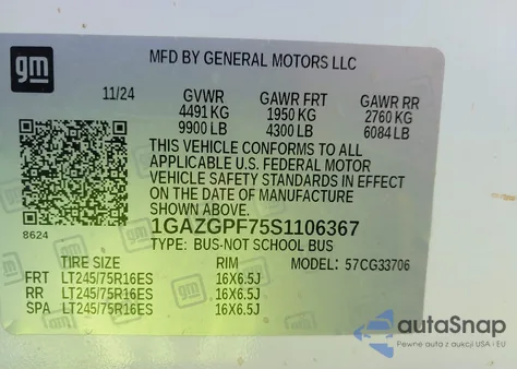 2025 Chevrolet Express Passenger Rwd 3500 Extended Wheelbase Lt z USA, uszkodzony, nr VIN 1GAZGPF75S1106367